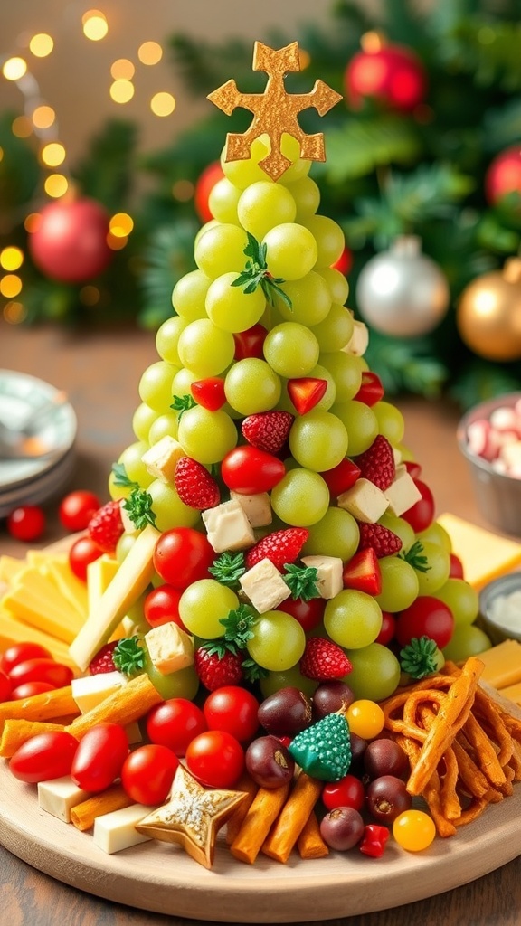 A colorful Christmas tree charcuterie board for kids with grapes, cheese, tomatoes, pretzels, and candies.